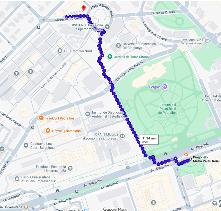 Walking route from Palau Reial metro to Vèrtex